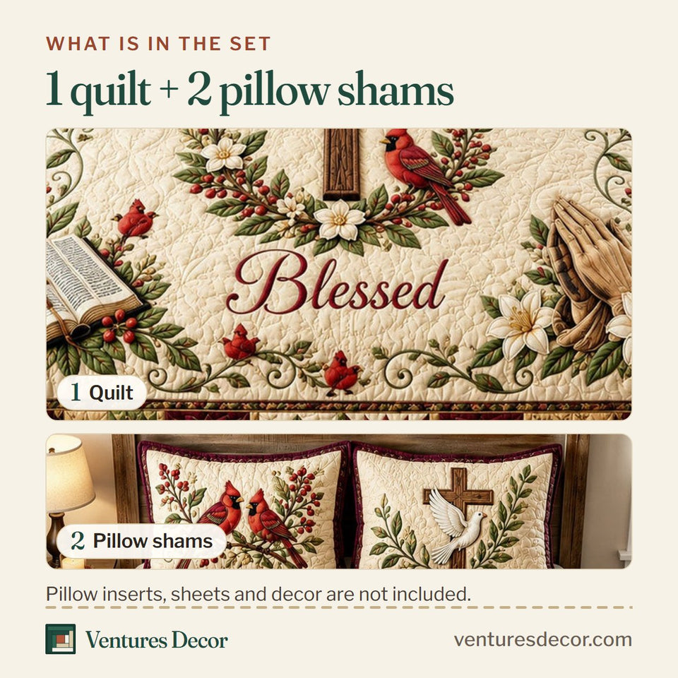 What is in the set: one quilt and two pillow shams, shown in the Blessed Cardinal Prayer Garden design