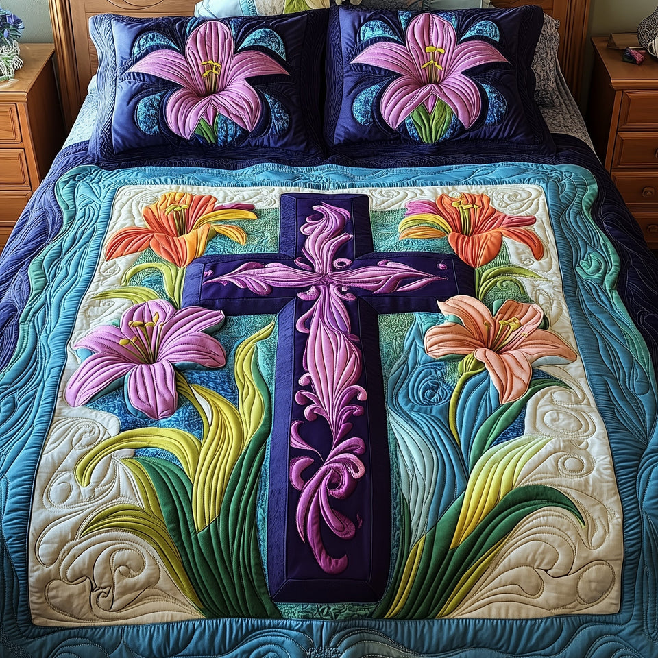 Blessed Easter quilted bedding set, quilt and two pillow shams on a made bed