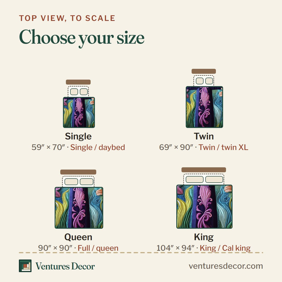 Size guide for the Blessed Easter quilt, top view to scale: Single 59 x 70 in, Twin 69 x 90 in, Queen 90 x 90 in, King 104 x 94 in