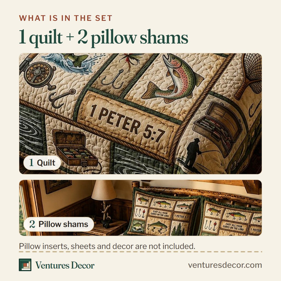 What is in the set: one quilt and two pillow shams, shown in the Blessed Fishing design