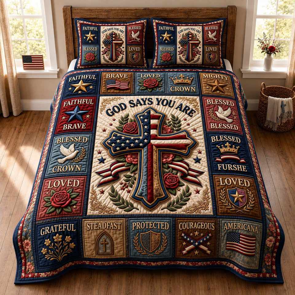 Blessed Heritage quilted bedding set, quilt and two pillow shams on a made bed