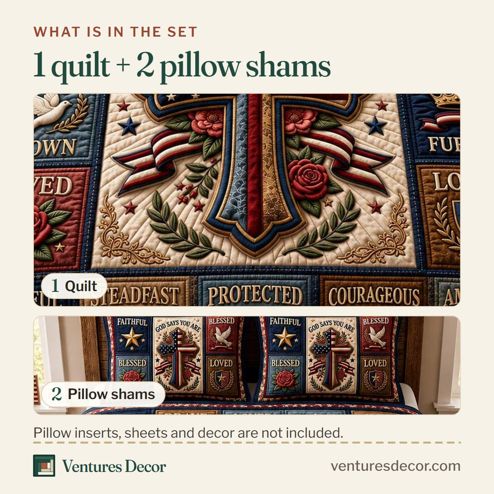 What is in the set: one quilt and two pillow shams, shown in the Blessed Heritage design