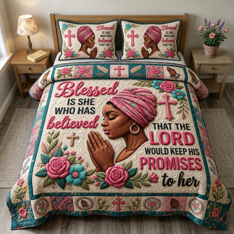 Blessed Is She Prayer quilted bedding set, quilt and two pillow shams on a made bed