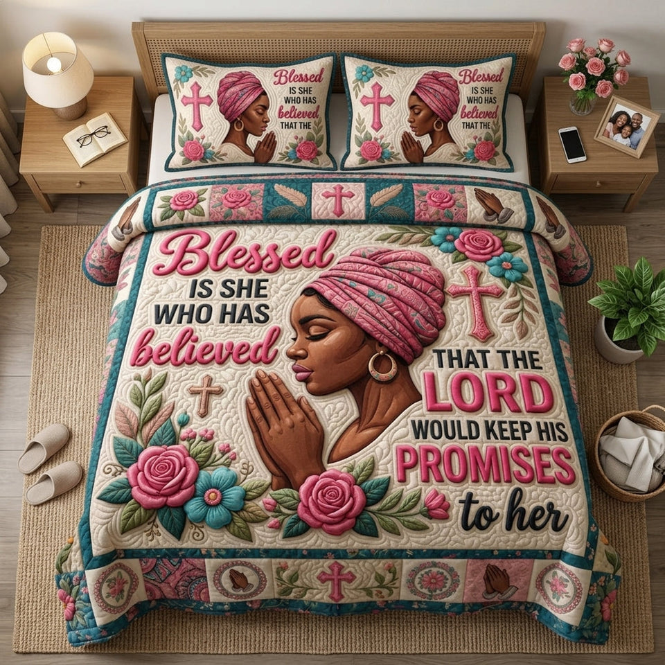 Blessed Is She Prayer quilted bedding set, another view of the printed design