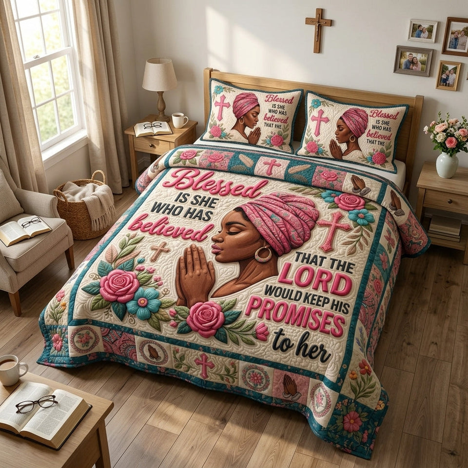 Blessed Is She Prayer quilted bedding set, another view of the printed design