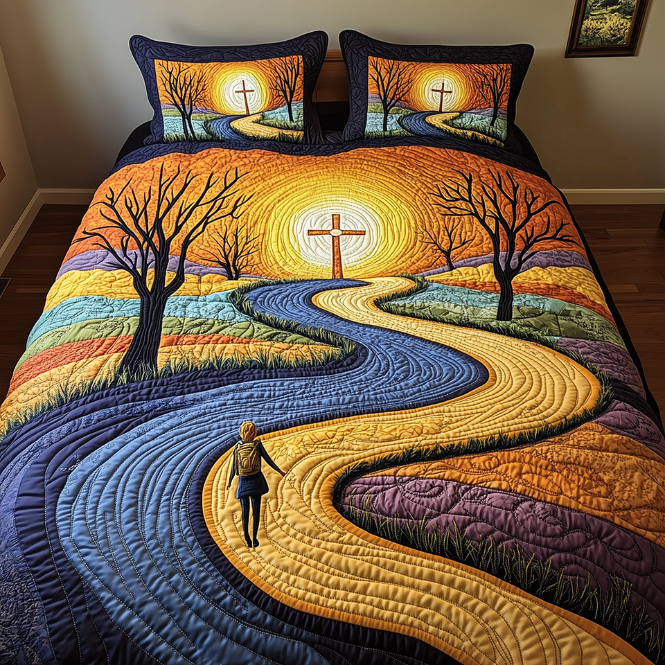 Blessing Path quilted bedding set, quilt and two pillow shams on a made bed