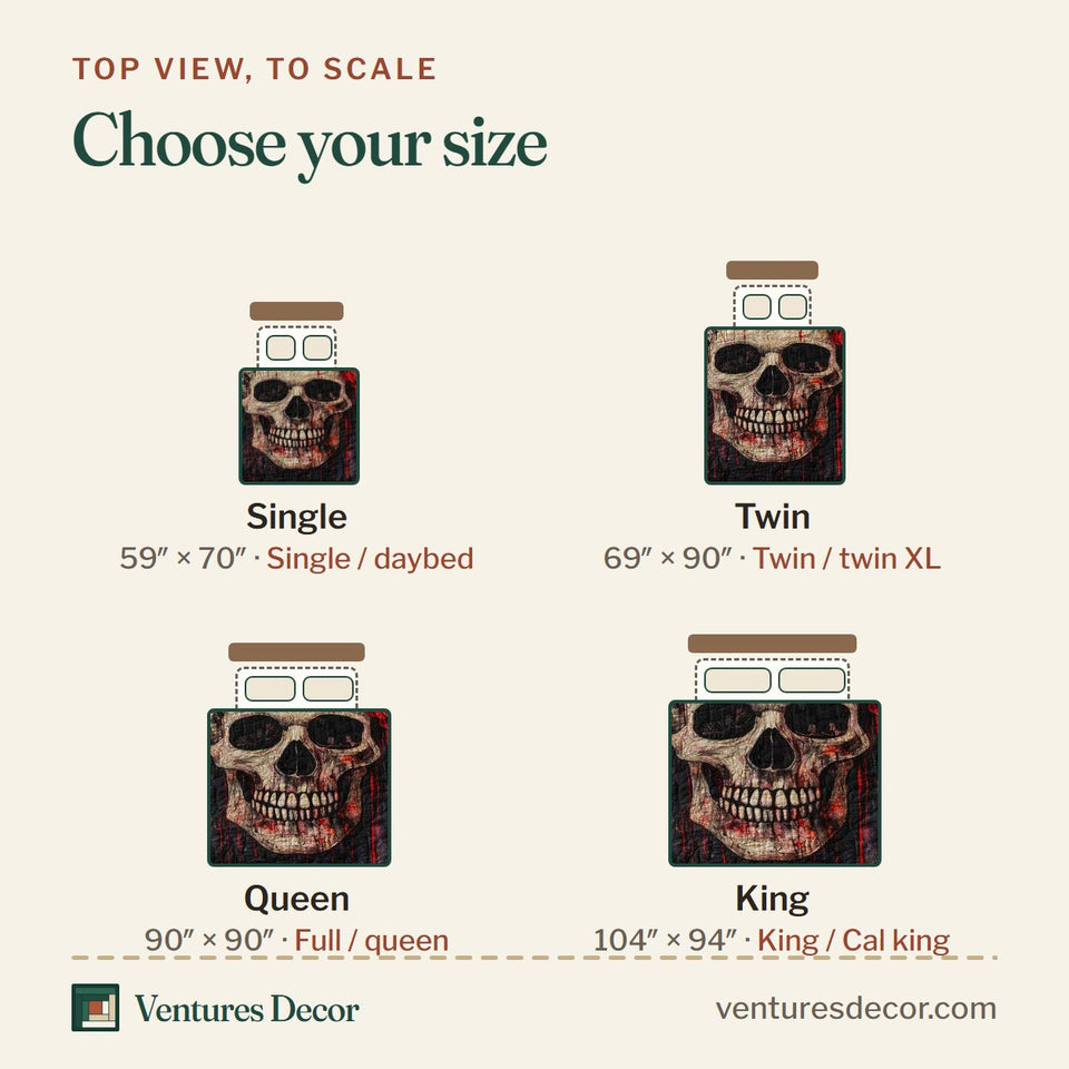 Size guide for the Blood Roses quilt, top view to scale: Single 59 x 70 in, Twin 69 x 90 in, Queen 90 x 90 in, King 104 x 94 in