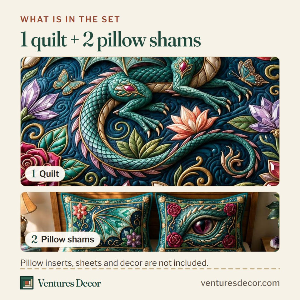 What is in the set: one quilt and two pillow shams, shown in the Bloom Dragon design