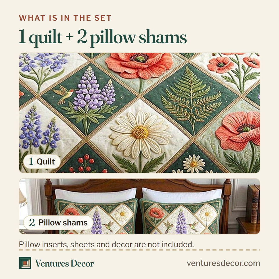 What is in the set: one quilt and two pillow shams, shown in the Bloom Patchwork design
