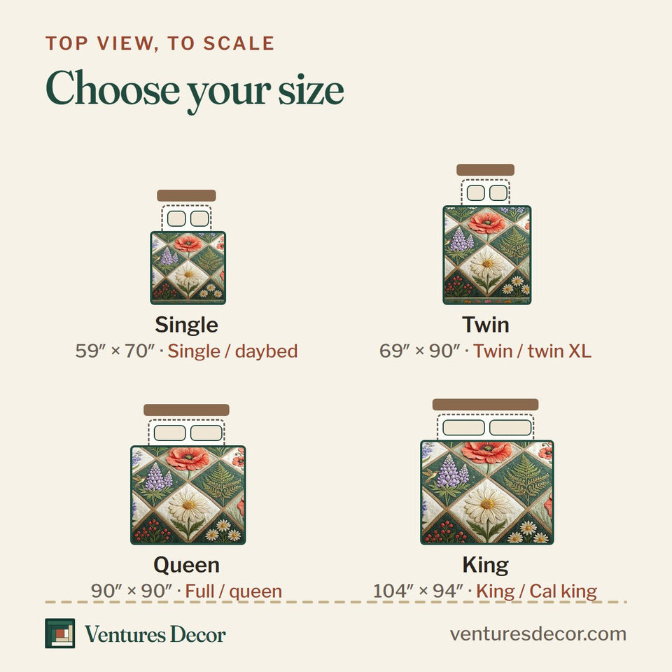 Size guide for the Bloom Patchwork quilt, top view to scale: Single 59 x 70 in, Twin 69 x 90 in, Queen 90 x 90 in, King 104 x 94 in