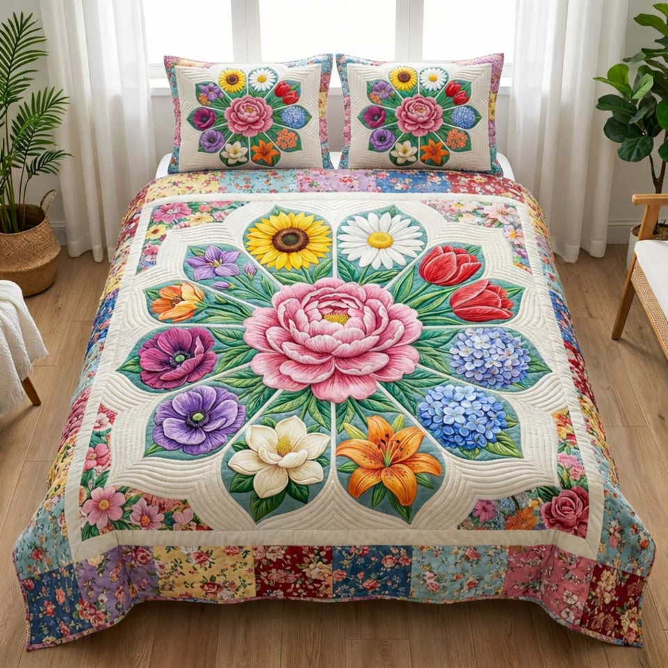 Bloom Rosette quilted bedding set, quilt and two pillow shams on a made bed