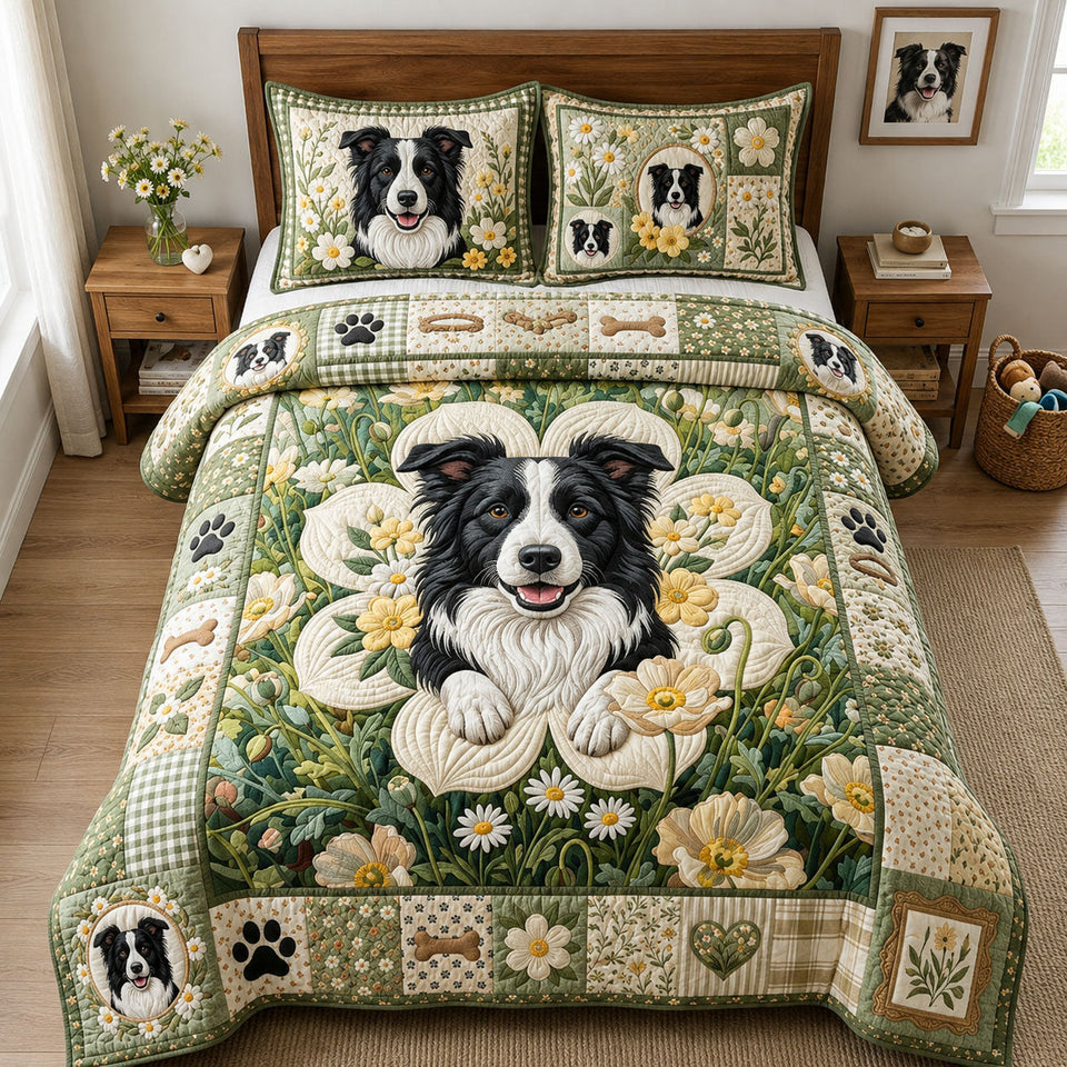 Bloomer Border Collie quilted bedding set, quilt and two pillow shams on a made bed