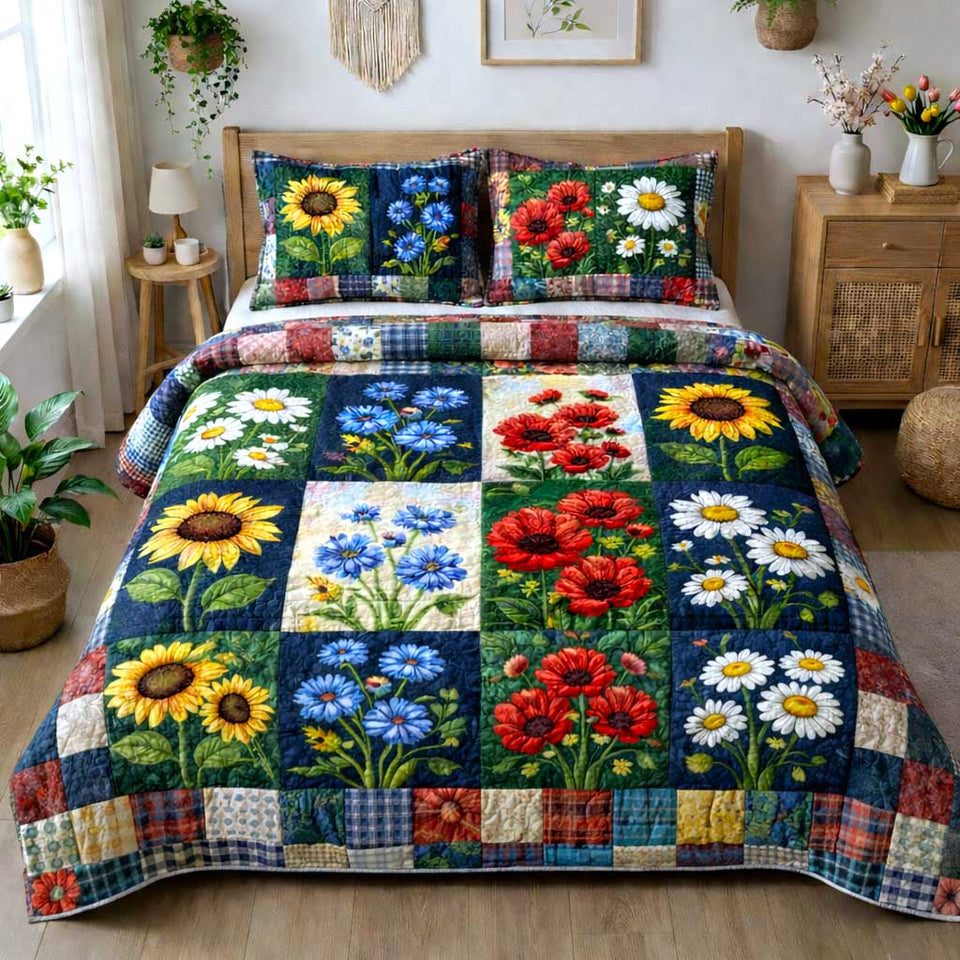 Blooming Acres quilted bedding set, quilt and two pillow shams on a made bed