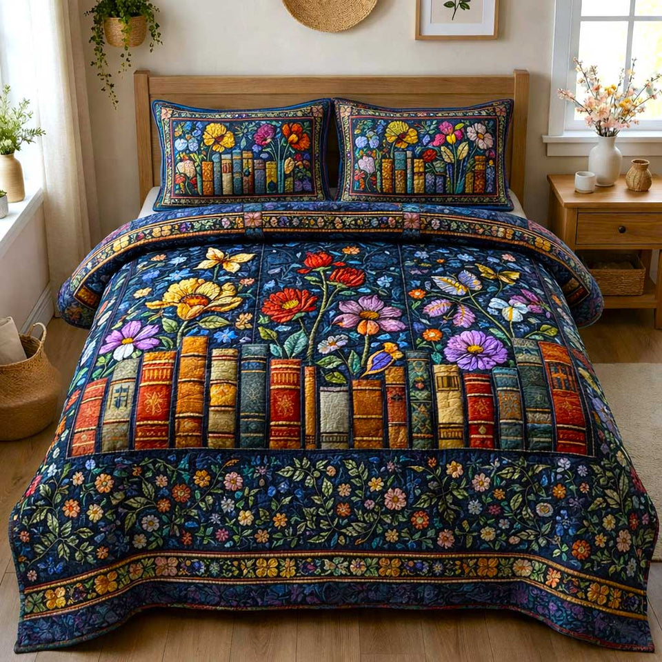 Blooming Bookshelf Garden quilted bedding set, quilt and two pillow shams on a made bed