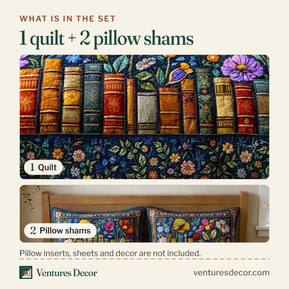 What is in the set: one quilt and two pillow shams, shown in the Blooming Bookshelf Garden design