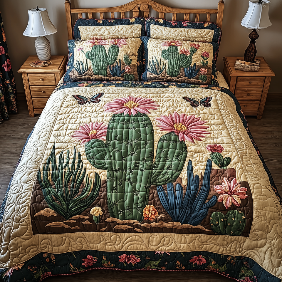 Blooming Cactus Blue Agave Beside Ivory Panel quilted bedding set, quilt and two pillow shams on a made bed