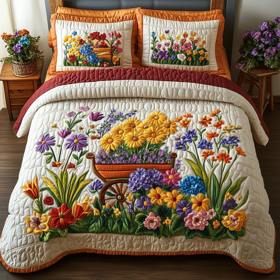 Blooming Garden Wheelbarrow Bed Coral Border quilted bedding set, quilt and two pillow shams on a made bed