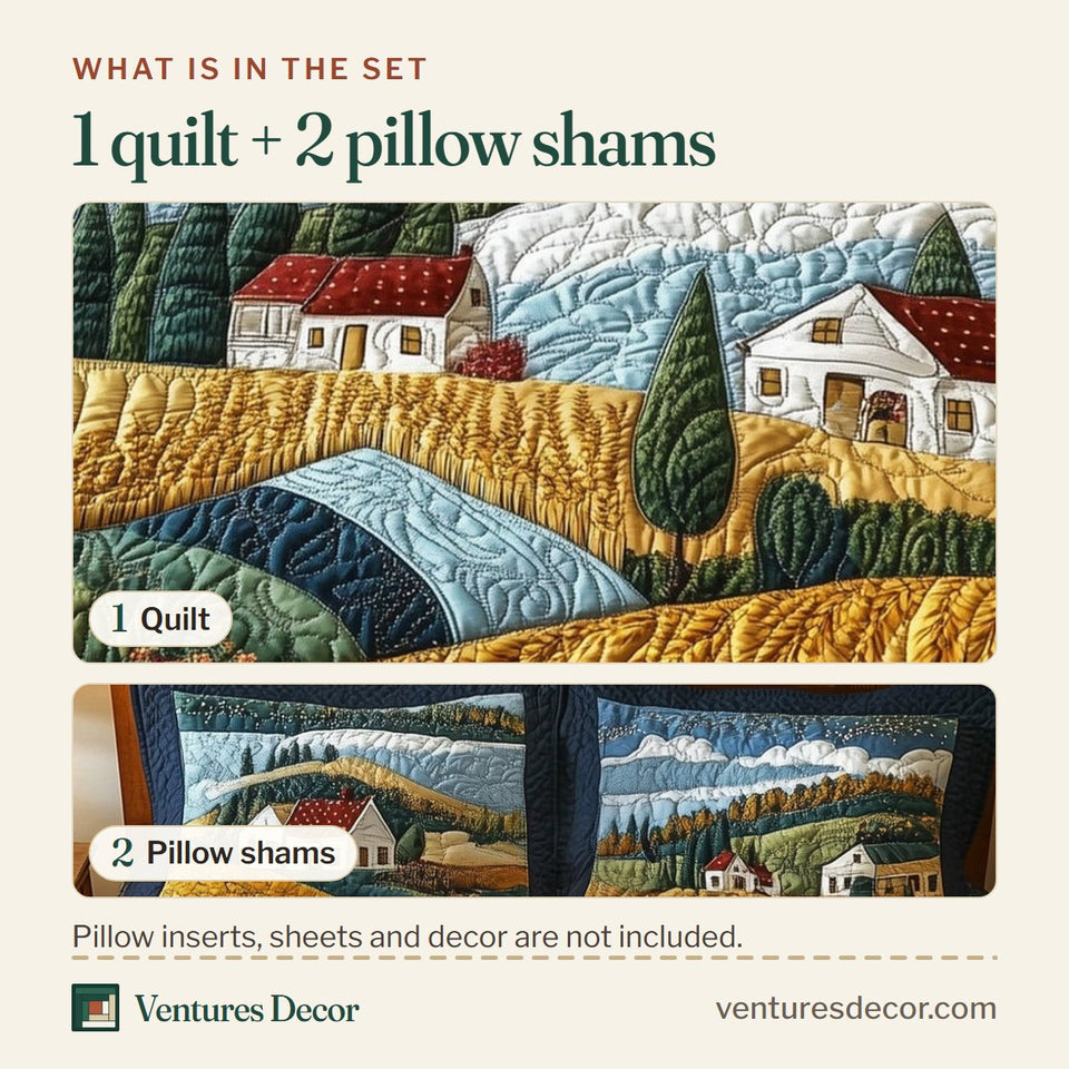 What is in the set: one quilt and two pillow shams, shown in the Blooming Hillside design