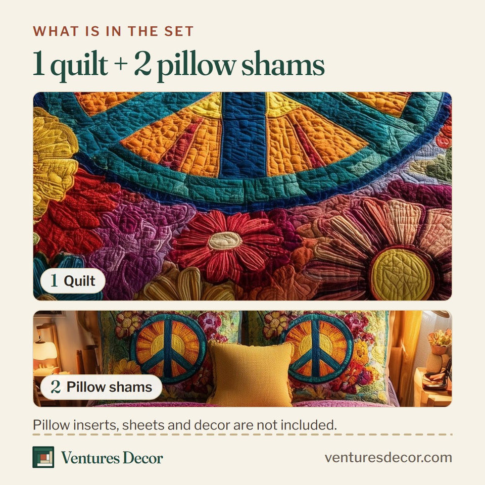 What is in the set: one quilt and two pillow shams, shown in the Blooming Peace Emblem design