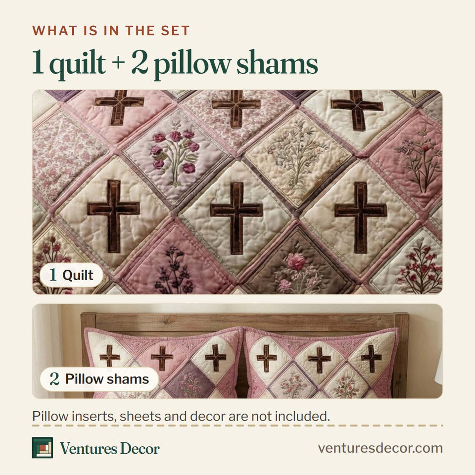 What is in the set: one quilt and two pillow shams, shown in the Blossom Cross design