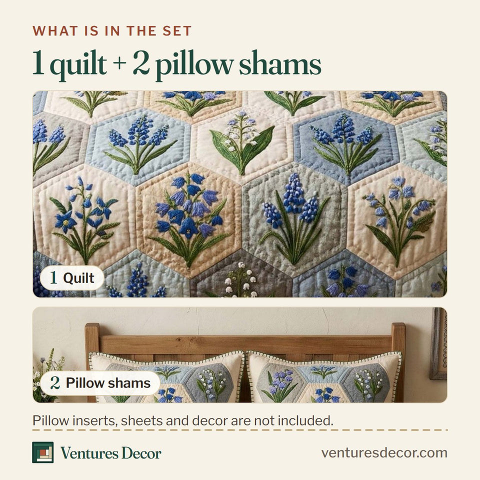 What is in the set: one quilt and two pillow shams, shown in the Blossom Grace Blue Hexagons with Bellflowers design