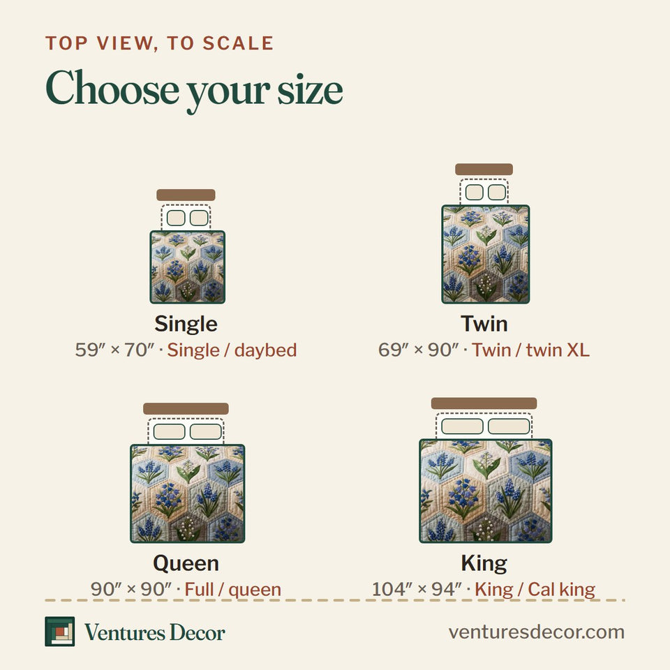 Size guide for the Blossom Grace Blue Hexagons with Bellflowers quilt, top view to scale: Single 59 x 70 in, Twin 69 x 90 in, Queen 90 x 90 in, King 104 x 94 in