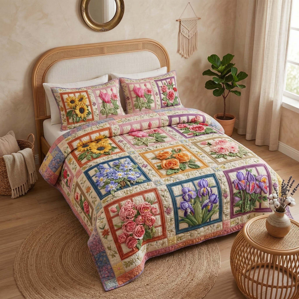 Blossom Grace Framed Flower Squares quilted bedding set, another view of the printed design