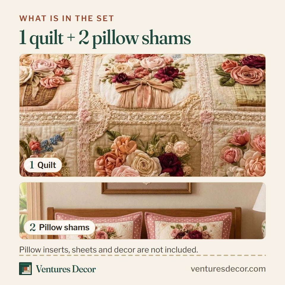 What is in the set: one quilt and two pillow shams, shown in the Blossom Grace Rose Baskets on Blush Blocks design