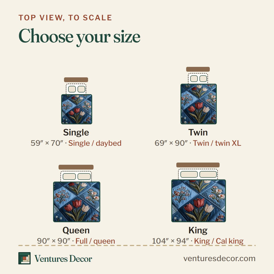 Size guide for the Blossom Heart Patchwork Blue Diamonds with Blooms quilt, top view to scale: Single 59 x 70 in, Twin 69 x 90 in, Queen 90 x 90 in, King 104 x 94 in