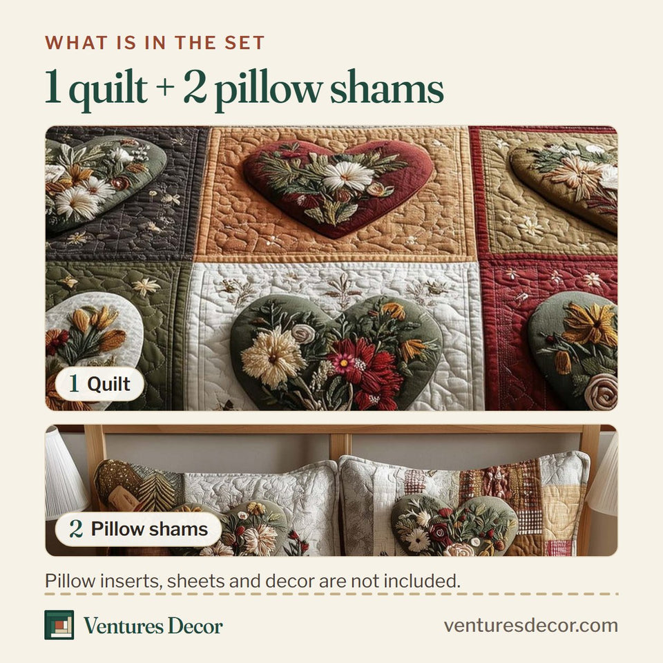 What is in the set: one quilt and two pillow shams, shown in the Blossom Heart Patchwork Hearts on Earthy Squares design