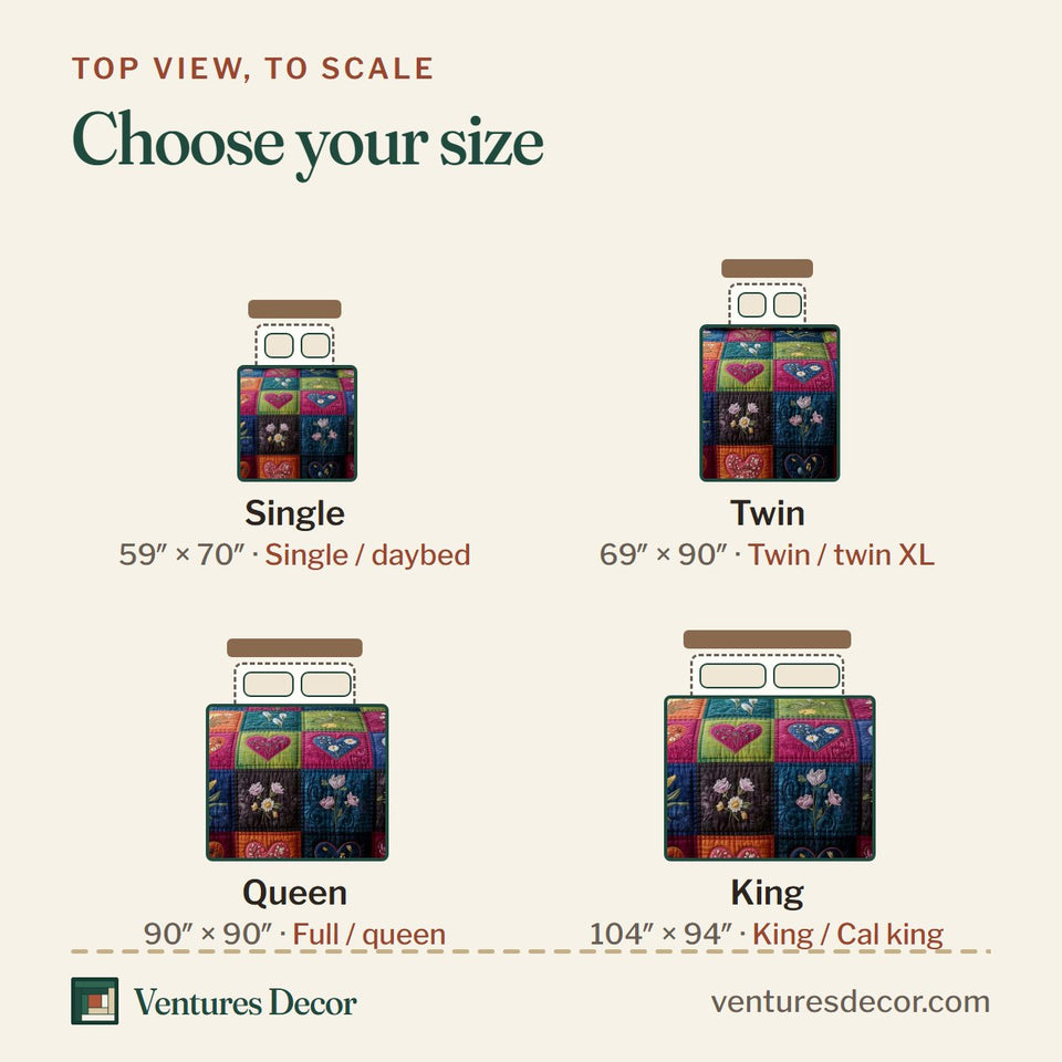 Size guide for the Blossom Patchwork Jewel Tone Blocks Dark Ground quilt, top view to scale: Single 59 x 70 in, Twin 69 x 90 in, Queen 90 x 90 in, King 104 x 94 in