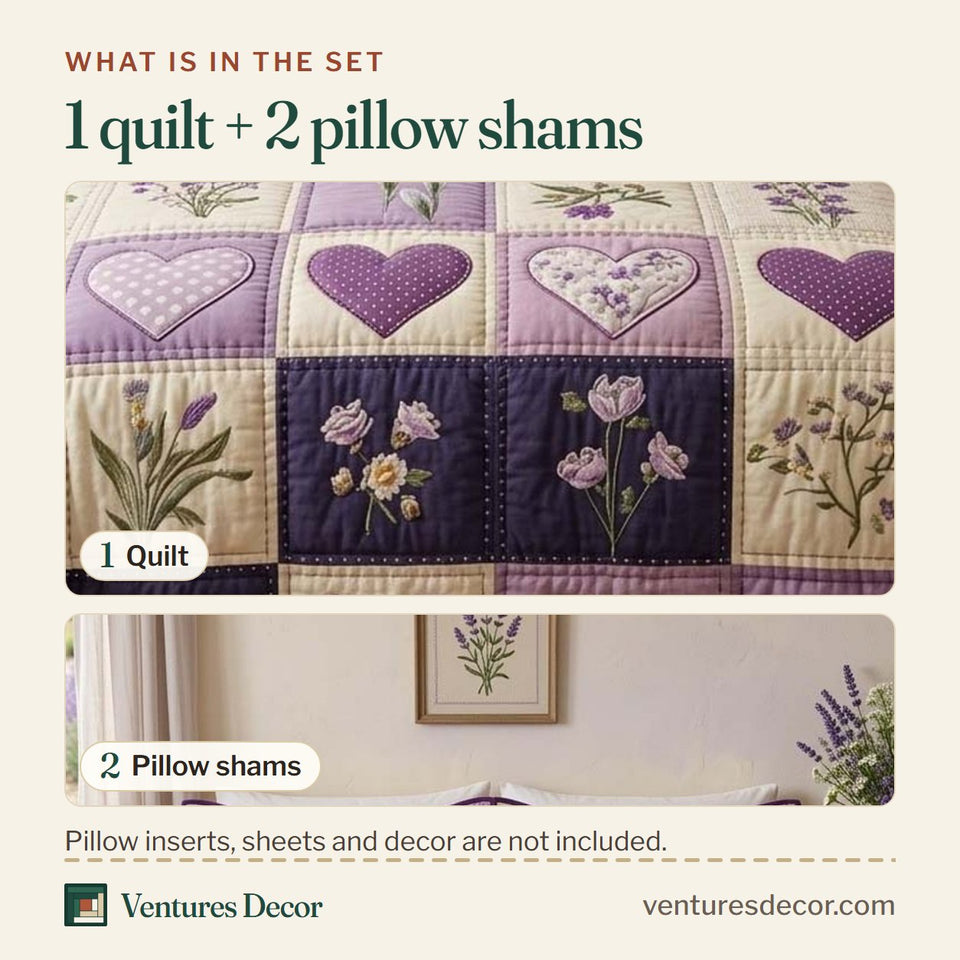 What is in the set: one quilt and two pillow shams, shown in the Blossom Patchwork Lavender Hearts And Flower Sprigs design