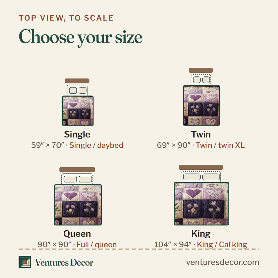 Size guide for the Blossom Patchwork Lavender Hearts And Flower Sprigs quilt, top view to scale: Single 59 x 70 in, Twin 69 x 90 in, Queen 90 x 90 in, King 104 x 94 in