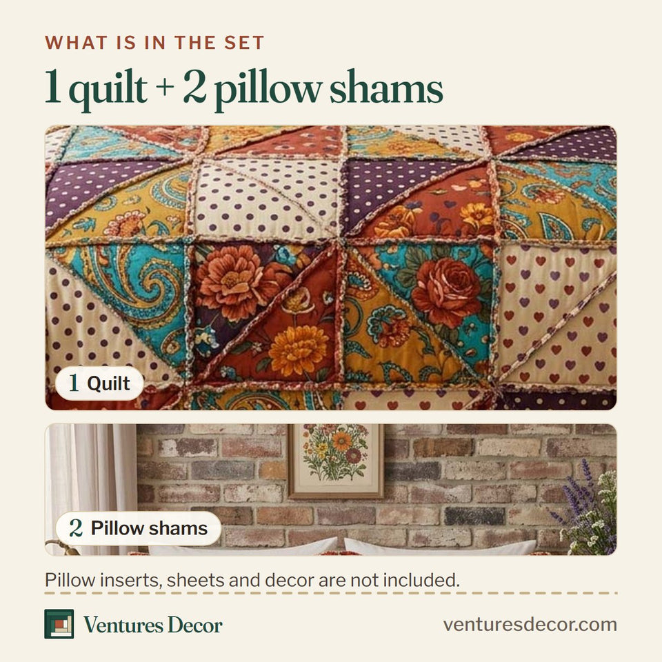 What is in the set: one quilt and two pillow shams, shown in the Blossom Patchwork Rust Triangles And Dotted Squares design