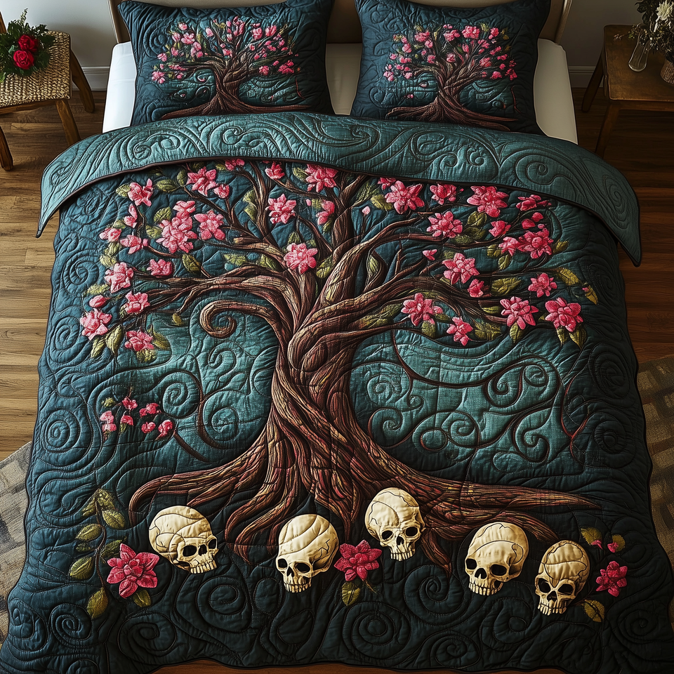 Blossom Tree Of Bones quilted bedding set, quilt and two pillow shams on a made bed