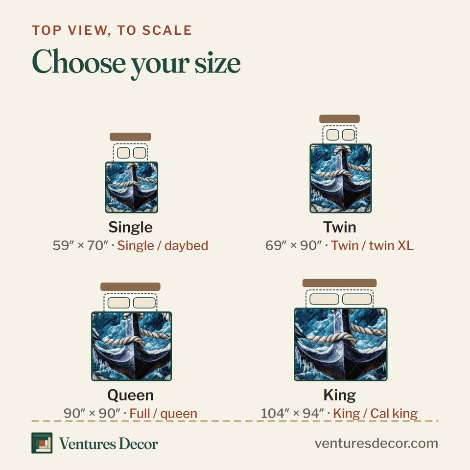 Size guide for the Blue Anchor Rope Ring on Midnight Navy quilt, top view to scale: Single 59 x 70 in, Twin 69 x 90 in, Queen 90 x 90 in, King 104 x 94 in