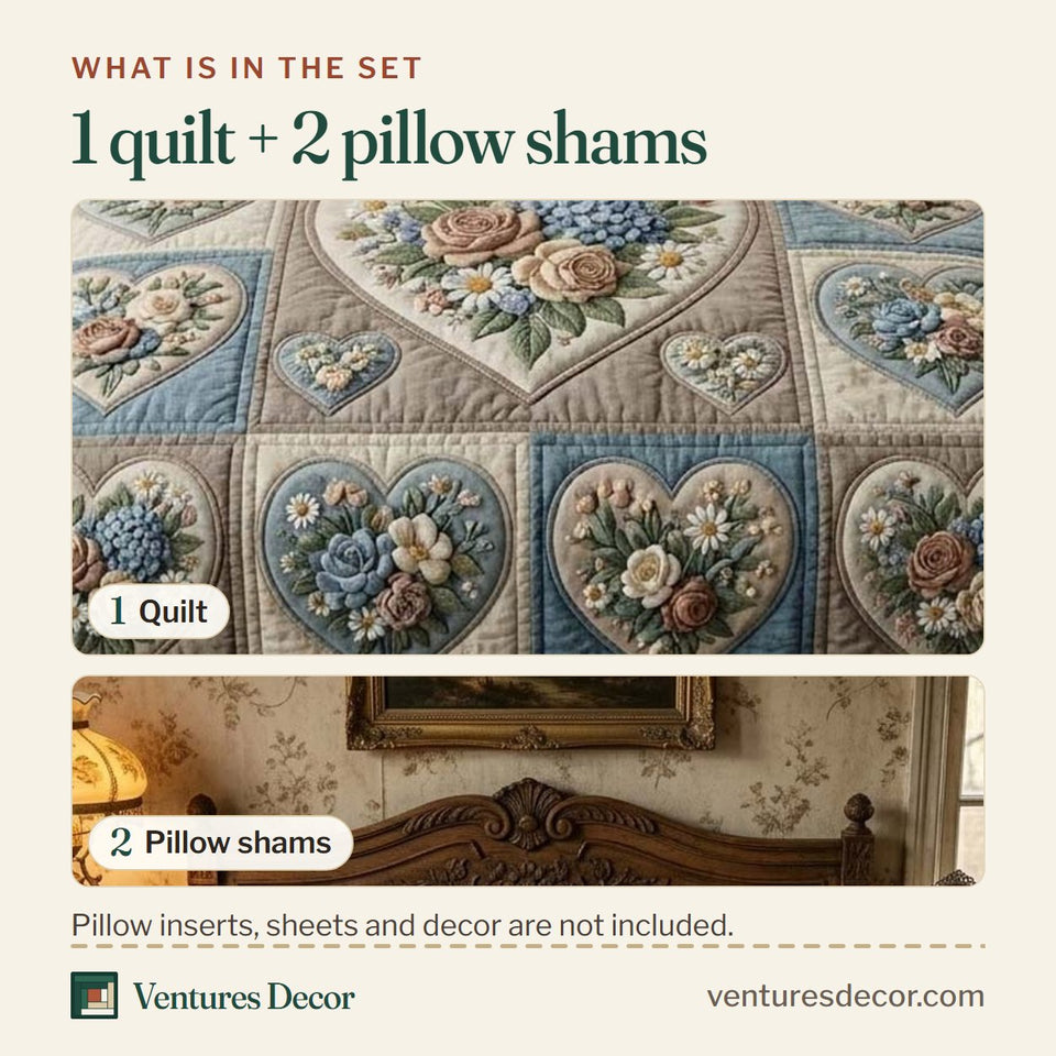 What is in the set: one quilt and two pillow shams, shown in the Blue Blossom Garden design