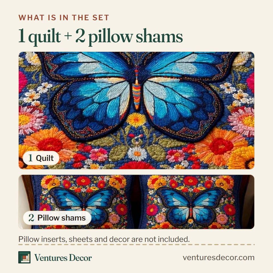 What is in the set: one quilt and two pillow shams, shown in the Blue Blossom design