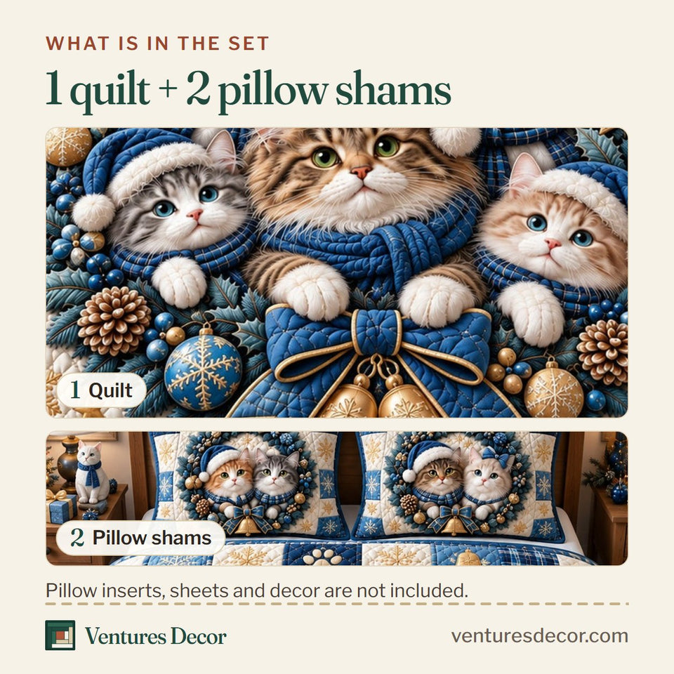 What is in the set: one quilt and two pillow shams, shown in the Blue Christmas Cat Wreath Quilt Set, 3-Piece Quilted Bedding with 2 Pillow Shams design