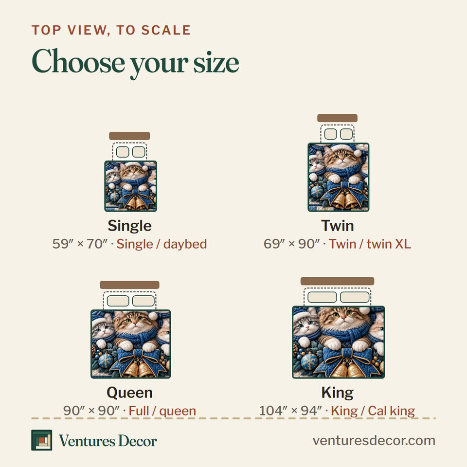 Size guide for the Blue Christmas Cat Wreath Quilt Set, 3-Piece Quilted Bedding with 2 Pillow Shams quilt, top view to scale: Single 59 x 70 in, Twin 69 x 90 in, Queen 90 x 90 in, King 104 x 94 in