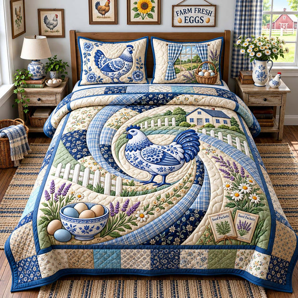 Blue Country Hen quilted bedding set, quilt and two pillow shams on a made bed