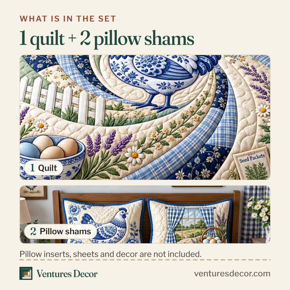 What is in the set: one quilt and two pillow shams, shown in the Blue Country Hen Quilt Set, 3-Piece Quilted Bedding with 2 Pillow Shams design