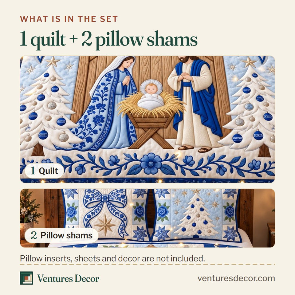 What is in the set: one quilt and two pillow shams, shown in the Christmas Blue Floral Nativity Quilt Set, 3-Piece Quilted Bedding with 2 Pillow Shams design