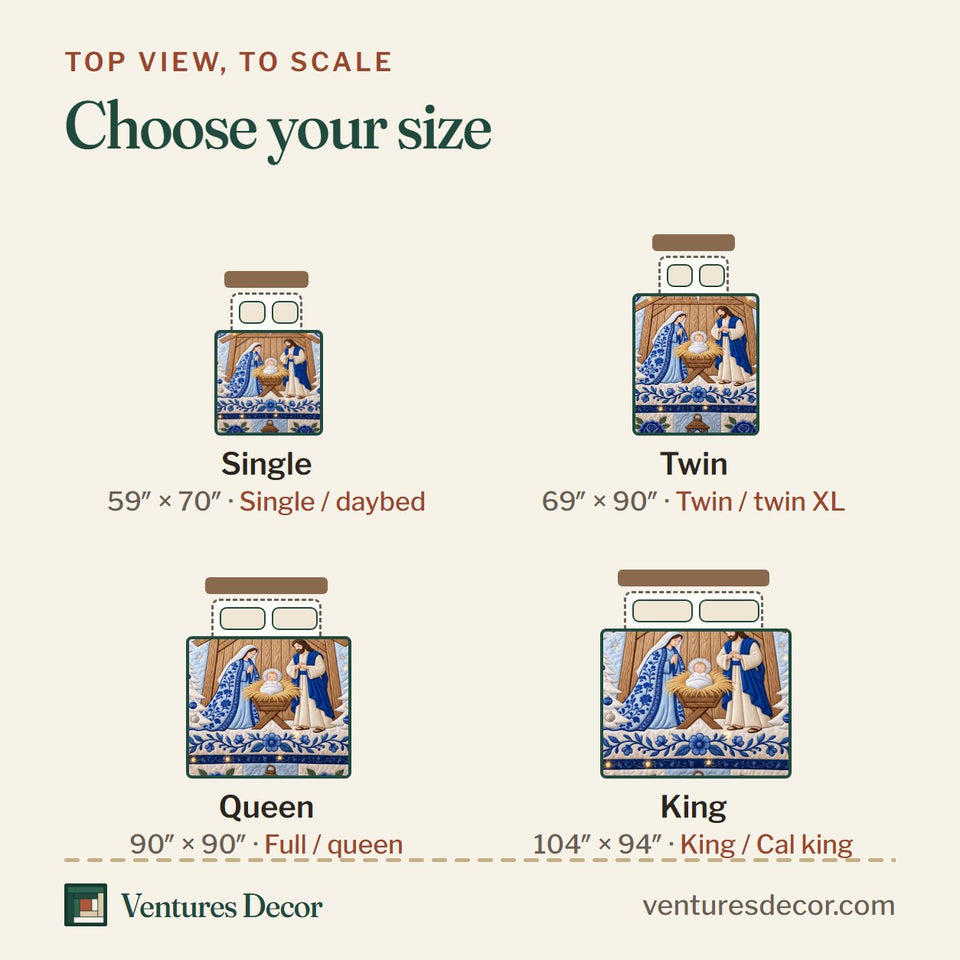 Size guide for the Christmas Blue Floral Nativity Quilt Set, 3-Piece Quilted Bedding with 2 Pillow Shams quilt, top view to scale: Single 59 x 70 in, Twin 69 x 90 in, Queen 90 x 90 in, King 104 x 94 in