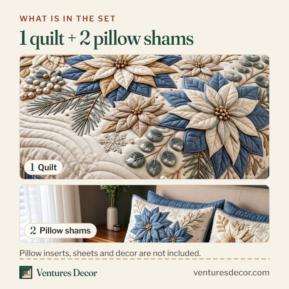 What is in the set: one quilt and two pillow shams, shown in the Blue Floral Quilt Set, 3-Piece Quilted Bedding with 2 Pillow Shams design