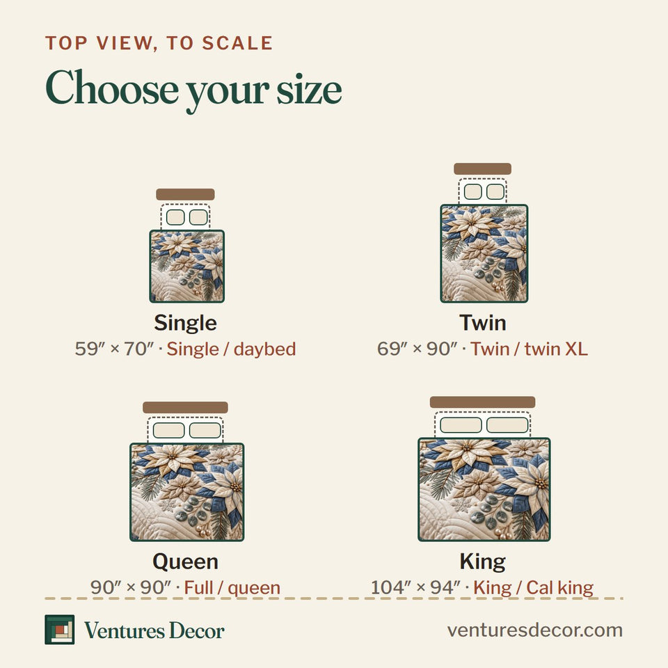Size guide for the Blue Floral Quilt Set, 3-Piece Quilted Bedding with 2 Pillow Shams quilt, top view to scale: Single 59 x 70 in, Twin 69 x 90 in, Queen 90 x 90 in, King 104 x 94 in