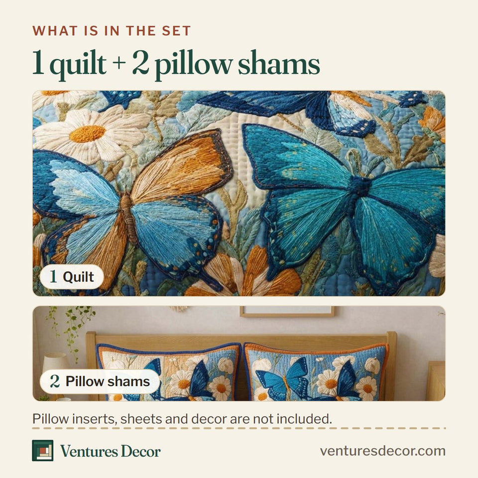 What is in the set: one quilt and two pillow shams, shown in the Blue Garden design