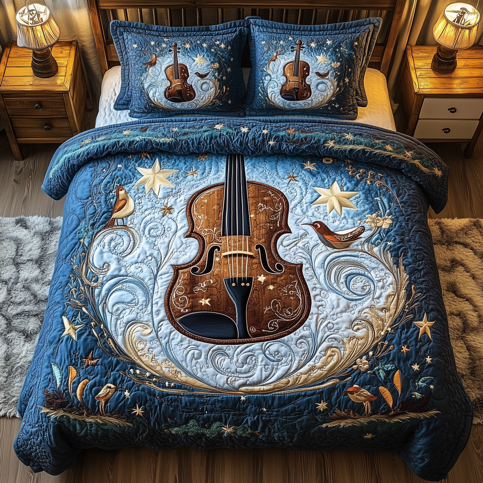 Blue Melodies Violin Among Stars and Swirls quilted bedding set, quilt and two pillow shams on a made bed