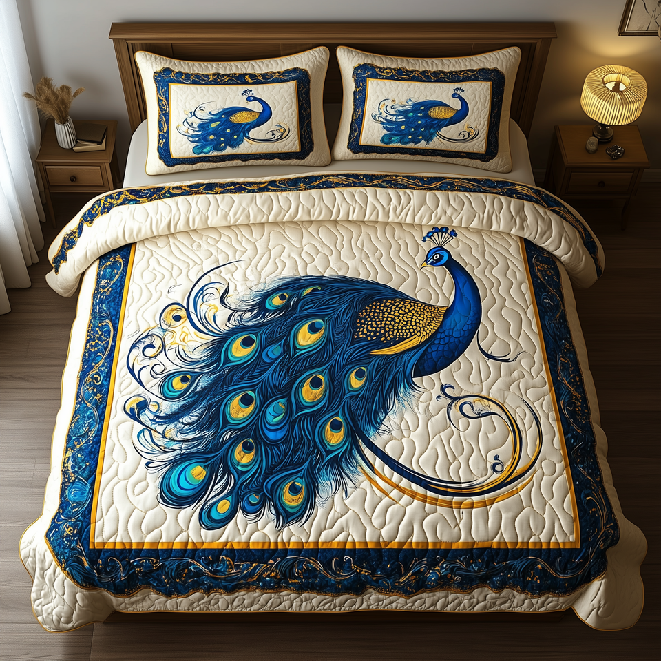Blue Peacock Sweeping Tail on a Bordered Panel quilted bedding set, quilt and two pillow shams on a made bed