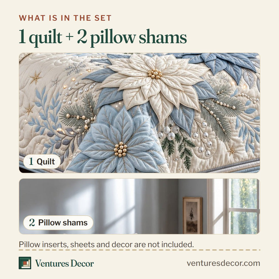 What is in the set: one quilt and two pillow shams, shown in the Christmas Blue Poinsettia Quilt Set, 3-Piece Quilted Bedding with 2 Pillow Shams design